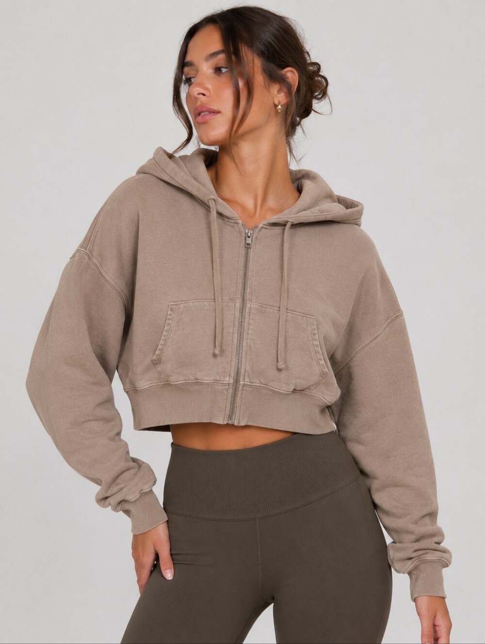 Cropped Hooded Zip Bomber Jacket in Taupe